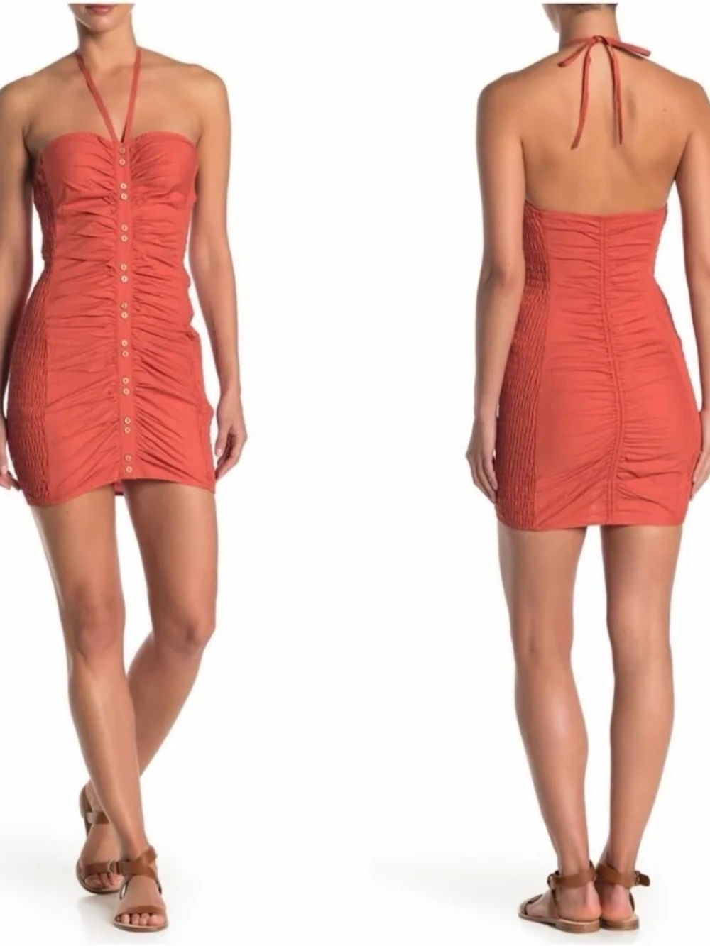 🔥NWT Free People "Hold On" Ruched Halter Mini
Dress - Red Rust Large 🔥